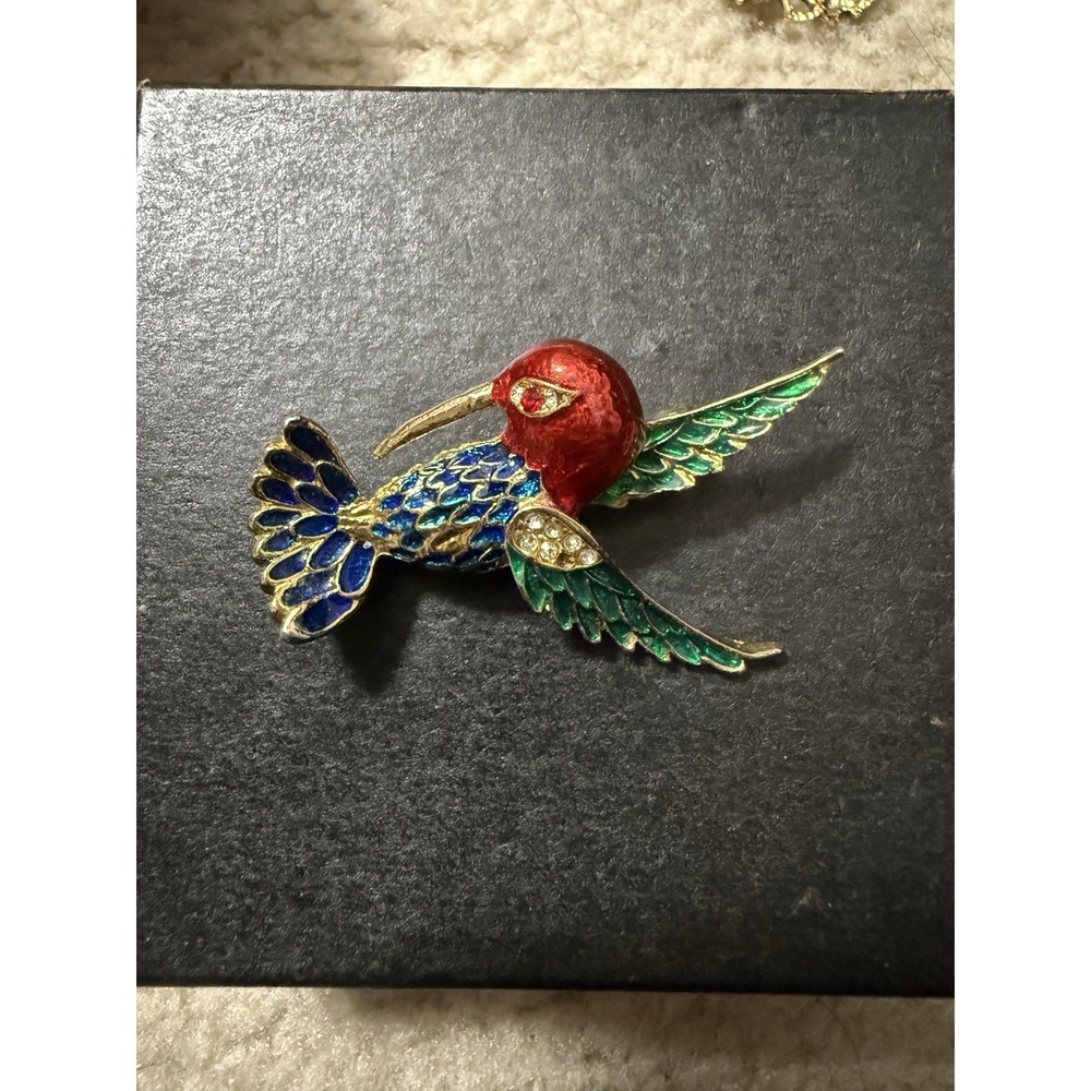 Vintage Gold Tone Hummingbird Rhinestones Silver Overlay‎ Brooch Signed